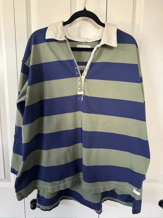 We The Free Olive Green and Navy Blue Striped Rugby Polo - Picture 1 of 10